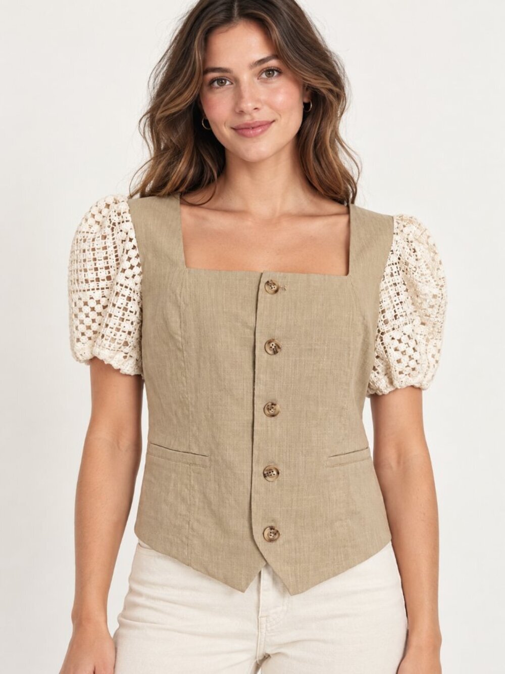 Current Air Beige Button-Front Vest with Cream Crochet Puff Sleeves